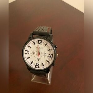 Men's Black and White Watch with Red Accents